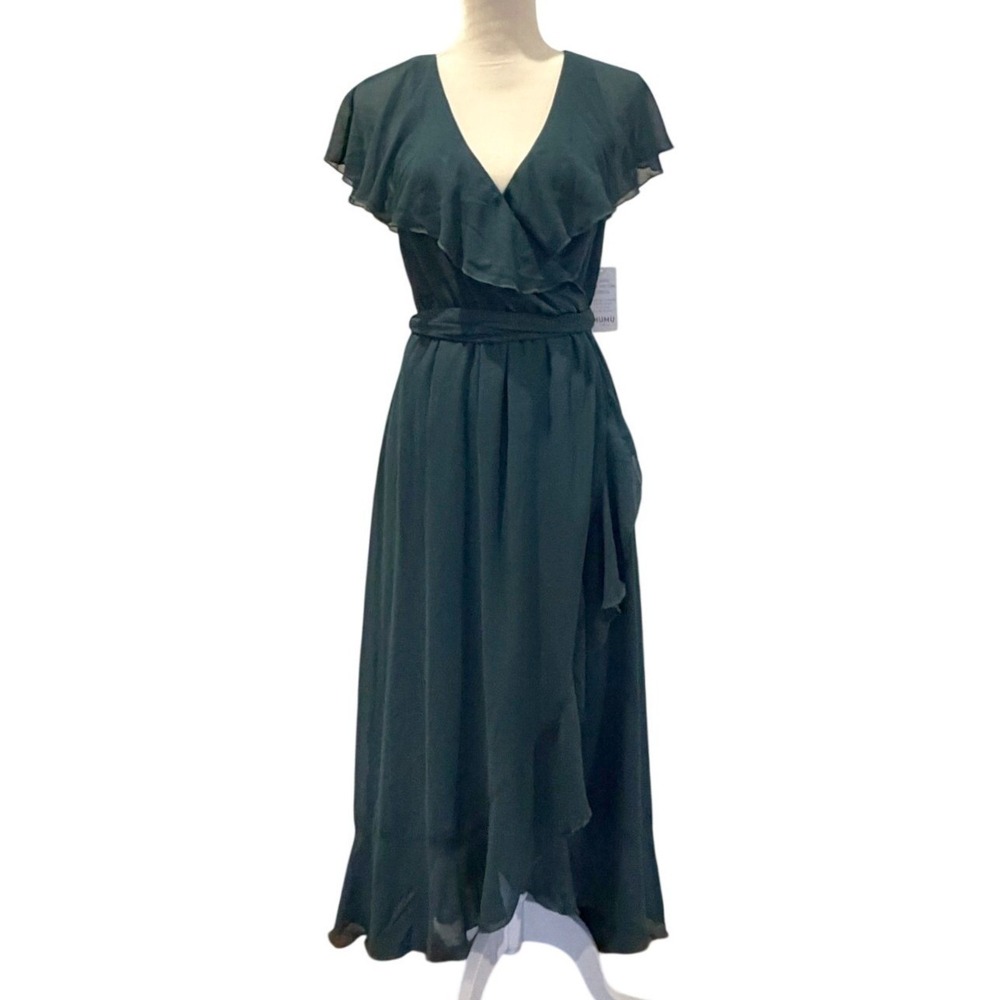 Show Me Your Mumu M Emerald Green Jess Ruffle Wrap Chiffon Midi Dress Ethereal